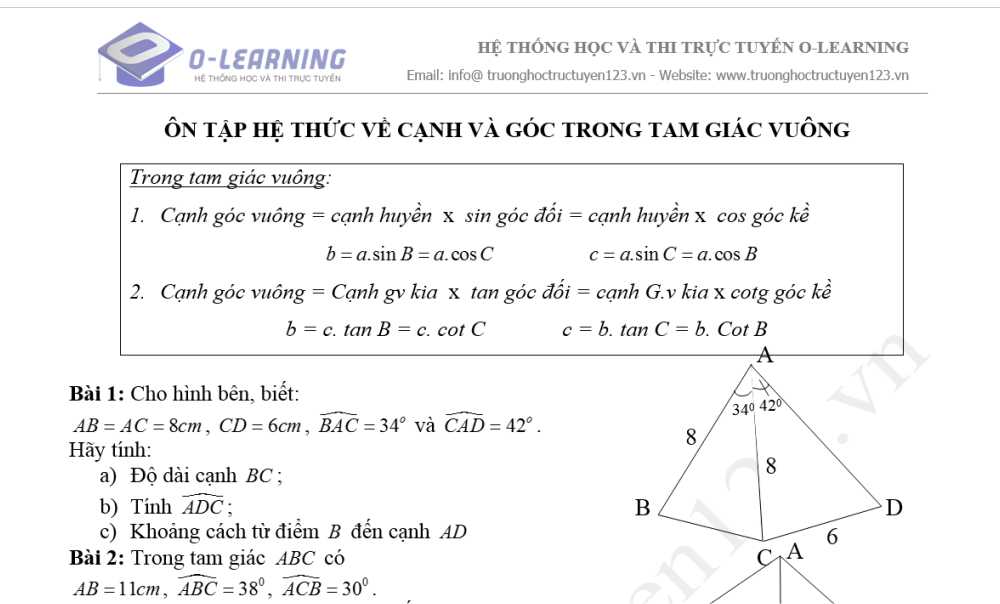 Hình 9 - Trọng tâm - Phiếu 3 - Hệ thức lượng giữa các cạnh và góc trong tam giác vuông